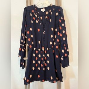 EUC - PARKER Navy Blue 100% Silk Mini Dress With Bell Ruffle Sleeves, Medium